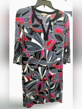 Banana Republic Floral Dress Size 9 Shift Dress 3/4 Sleeve Black Pink Gray Retro